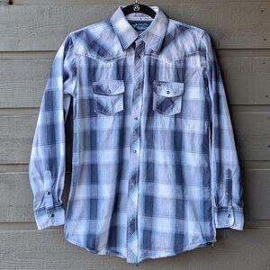 Cowboy Hardware Blue Plaid Western Snap Shirt Embroider Longhorn Steer 14/16 XL